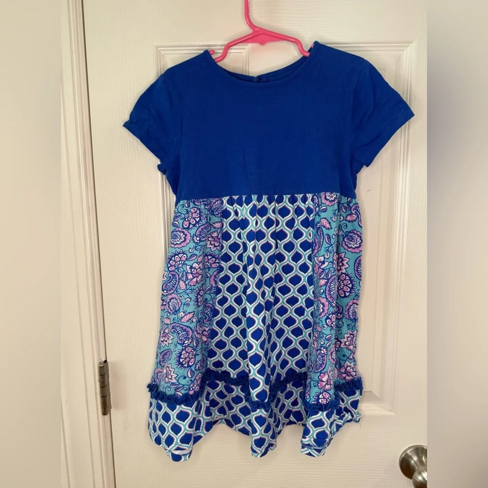 Girls Boutique Blue Patterned Dress Size 6 Cotton Kids Ruffle Hem Short Sleeve